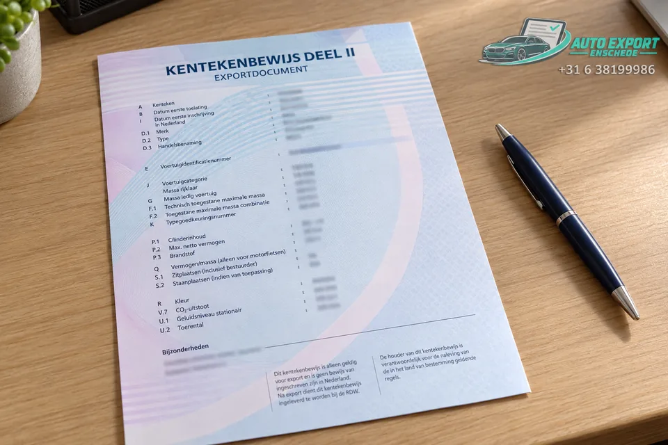 Kentekenbewijs deel II, het exportdocument voor een auto uit Enschede, op de balie van Auto Export Enschede